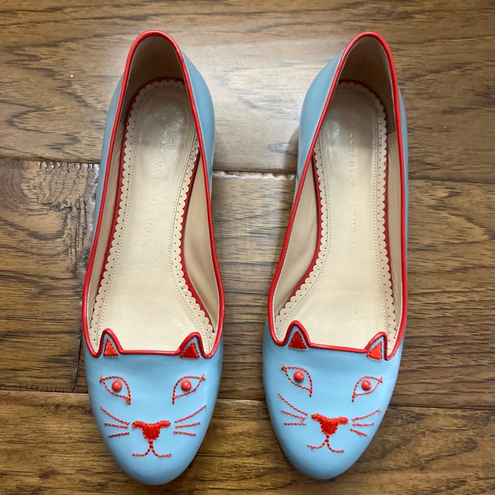 Charlotte Olympia Blue and Red Cat Face Flats